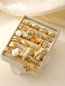 24/17/7件套时尚优雅休闲夸张复古花朵、心形、星星、仿珍珠彩色宽边戒指套装，适合女性，可用于度假、派对、约会、休闲、婚礼、旅行、摄影、日常搭配，全新百搭组合 - 金黃色 - 查看 9