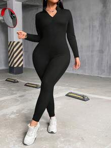AiTyi Women's Plus Size Casual Jumpsuit, Zipper Closure Slim Fit Black Jumpsuit, Elegant For Fitness, Outdoor, Street, Y2K Party, Spring Outfit - Black - View 2