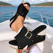 2026 Summer New Black Suede Metal Buckle Wedge Heel Mules, Woven Platform Open Toe Slip-On Sandals, Vacation Style Versatile Thick Sole Slippers For Plus Size Women - Black - View 4