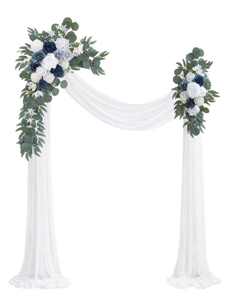 Set 3 Buah Bunga Lengkungan Pernikahan Buatan Warna Abu-Biru, Termasuk Kain Dekorasi Lengkungan Mengkilap Sepanjang 26 kaki, Cocok untuk Latar Belakang Upacara Pesta Pernikahan DIY, Dekorasi Bunga, Pesta Bayi, Pesta Ulang Tahun, Dekorasi Rumah