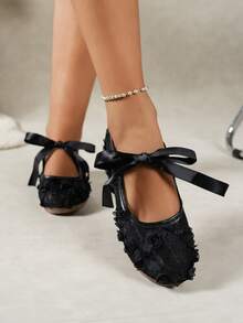 Fashionable Flat Shoes, Casual Floral Pattern Bow Design Highly Attractive Fairy-Style Flats - Black - View 3