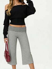 Women's Fold Over Waist Capri Fashionable Casual Solid Color Low Rise Wide Leg Crop Pants - 淺灰色 - 查看 4