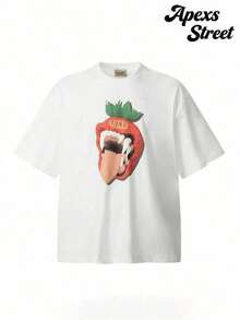 Gallery "Cream Orange" Shirt, Cotton Printed T-Shirt,Men's Graphic Stylish Design T-Shirt,Vintage Casual Hip-Hop Style For Outdoor Leisure Activities - 白色 3 - 查看 2