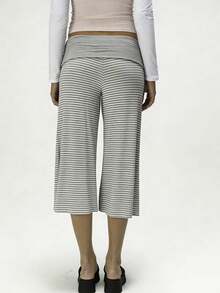 Women Y2K Cropped Wide Leg Pants, Retro Horizontal Stripe Polka Dot Print Fold Over Waistband Stretchy Knit Culottes For Streetwear Daily Outings - Màu Xám nhạt - Xem 2