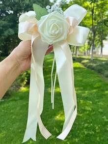 1个仿真玫瑰花汽车装饰蝴蝶结，浪漫缎带花朵饰品，适用于婚礼新娘车后视镜、门把手装饰 - 1PC - 查看 11