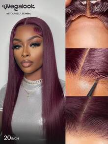 MEGALOOK 6x5 Lace Closure Wig Human Hair 20 Inch Bone Straight Wave Purple Wig Natural Hairline Glueless Wig For Women Daily Life Wedding Festival Costume Use 180% Density - S99JB - View 3