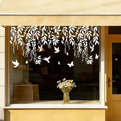 ملصق زجاجي كهروستاتيكي بشكل طائر ورقة الصفصاف قطعة واحدة، عملية امتصاص كهروستاتيكي من PVC، قابل للإزالة، ديكور نافذة/باب زجاجي، ديكور غرفة نوم/شرفة/مطبخ، ملصق بطراز ريفي منعش