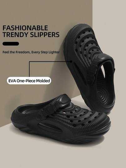  MAOLI Men's Solid Color Casual Hollow Breathable Slip-On Sandals With Laces, Round Toe Backless, Perforated Sides For Ventilation, Thick Sole For Height Increase, Unisex Couples Outdoor Water Sports Sandals With Arch Support