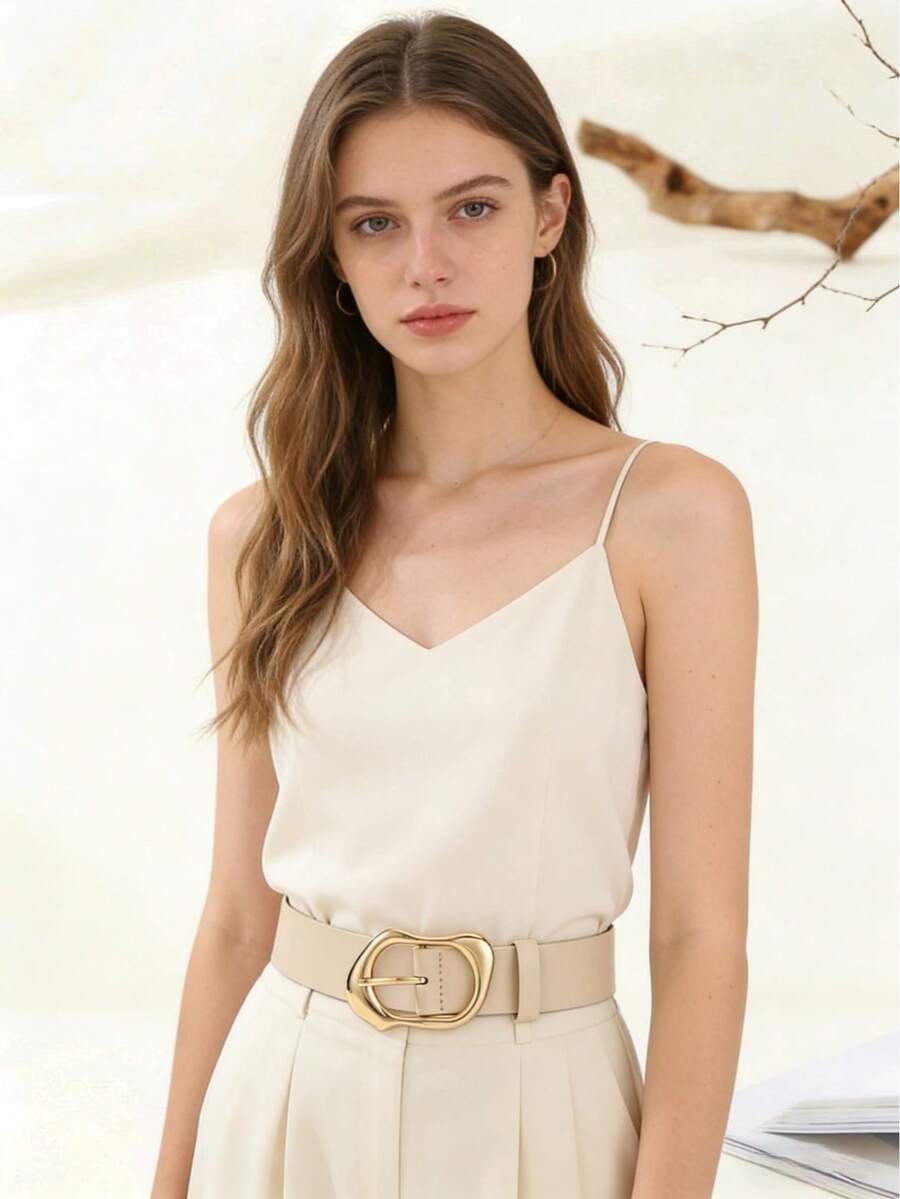 Trending 2026: Minimalist Beige PU Leather Belt | Curved Gold Buckle Design | Versatile Fashion Accessory - Beige - View 1