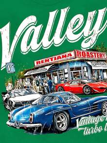 Valley Rentiana Roastery Vintage Vibes Classic Cars Retro Scene Blue And Red Sports Cars Urban Street Art Style Print, 100% Cotton T-Shirt, Y2K, Hip Hop Street Style, Digital Printing, Perfect Gift - 綠色 - 查看 2
