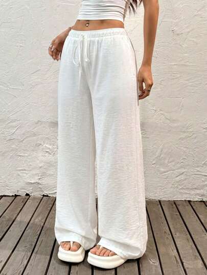 Women's Summer Minimalist Boho Vacation Outfits Casual Basic Daily Wear Linen Comfortable Low Rise Baggy Pants,Versatile Women's Wide Leg Lounge Pants Comfortable Soft Drawstring Trousers For Daily Casual Vacation Outfits,Suitable For All Seasons,Holiday Outfits For Women,Eid Dress For Women,Dresses For Occasions,Holiday Outfits For Women,Eid Dress For Women,Perfect For Music Festivals Spring White