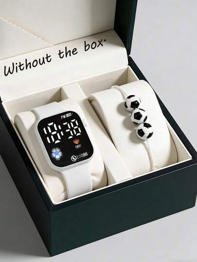 2/1 Pieza. Elegante y sencilla, este lindo reloj deportivo con pantalla digital de forma cuadrada presenta decoraciones de fútbol y es adecuado tanto para niños como para niñas. Viene con una pulsera de fútbol y es perfecto para usar en fiestas, reuniones o cuando se va de viaje para saber la hora. También es una excelente opción para la temporada de regreso a clases, el Día de la Madre, el Mundial o como regalo para mamá o amigos.