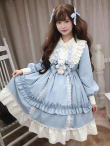 1 chiếc váy kiểu Lolita ngọt ngào dễ thương kiểu Nhật Bản dành cho bé gái, phụ kiện trang phục cosplay phù hợp cho các bữa tiệc và buổi biểu diễn, bao gồm váy + nơ hình gấu bông (gấu bông được tặng ngẫu nhiên) Mùa xuân - Nhiều màu - Xem 4