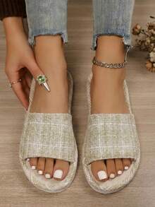 Women's Linen Indoor Slippers, Summer Non-Slip Thick-Soled Linen Flat Sandals, Soft Bottom, Fluffy Slippers - Yellow - View 8