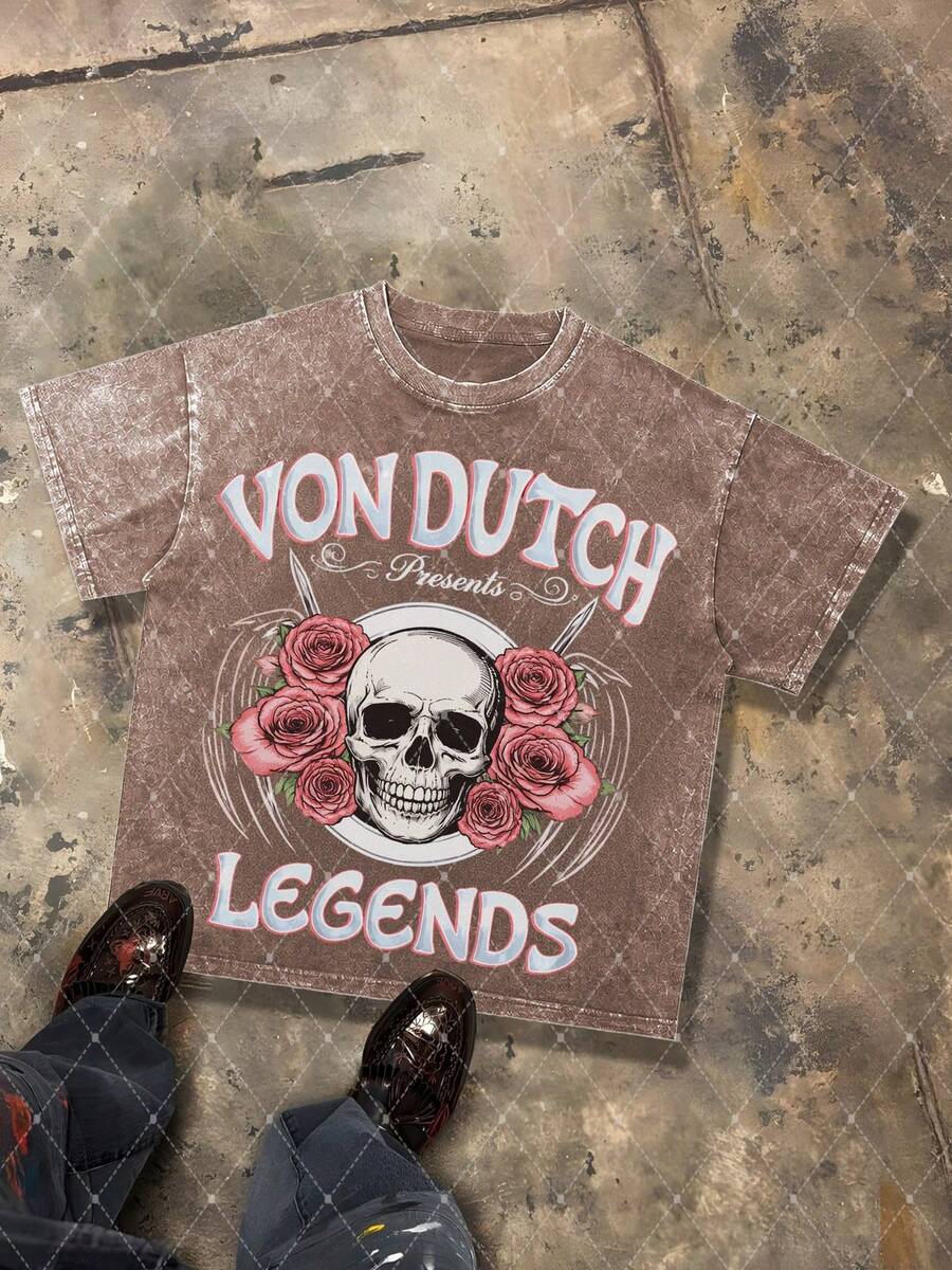 Van Dutch Legends Skull Rose Graphic Men's 230g Combed Washed Cotton T-Shirt, Street Short-Sleeve Top, Gothic Floral Biker Style Apparel, Spring Summer Crew Neck Top, Suitable For Summer Daily Casual Wear - Cà phê nâu - Xem 1