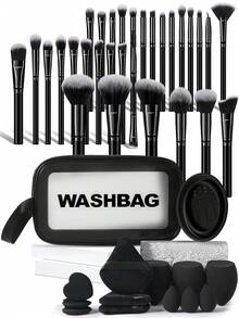 44PCS Makeup Tools Set Including:30PCS Makeup Brush Set+1pc Multi-Functional Zipper Toiletry And Cosmetic Bag Waterproof+1pc Makeup Brush Cleaning Tools+3PCS Makeup Sponges+3PCS Mini Makeup Sponges+3PCS Triangle Powder Puffs+3PCS Mini Air Cushion Powder Puffs,All-In-One & Beginner-Friendly | Travel-Ready & Gift-Ready | Perfect For Newbies/Her - Multicolor - View 1