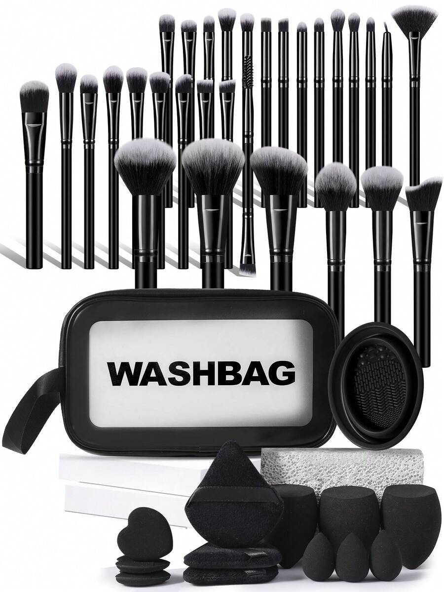 44PCS Makeup Tools Set Including:30PCS Makeup Brush Set+1pc Multi-Functional Zipper Toiletry And Cosmetic Bag Waterproof+1pc Makeup Brush Cleaning Tools+3PCS Makeup Sponges+3PCS Mini Makeup Sponges+3PCS Triangle Powder Puffs+3PCS Mini Air Cushion Powder Puffs,All-In-One & Beginner-Friendly | Travel-Ready & Gift-Ready | Perfect For Newbies/Her - Multicolor - View 1