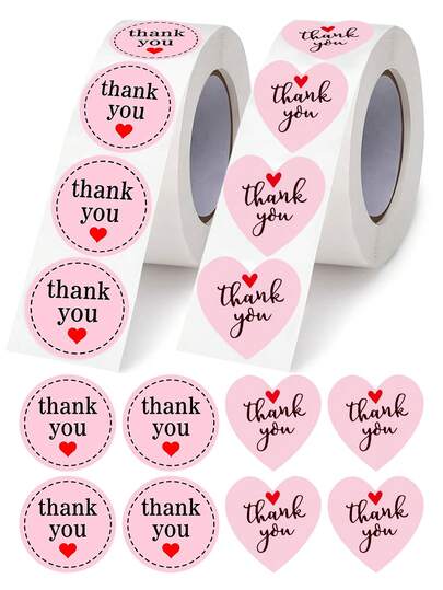 500pcs Pink Round/Heart Shaped Thank You Doodle Stickers, 1 Inch, Christmas, New Year Party Gifts Packaging DIY, Office Supplies, Suitable For Envelopes, Magazines, Planners Decoration, PVC Waterproof Stickers Scrapbook Supplies Stationery Funny Stickers