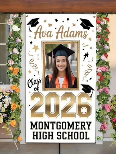 1 cái - Banner tốt nghiệp cá nhân hóa, Banner tốt nghiệp năm 2026, Banner ảnh tốt nghiệp, Ảnh tùy chỉnh, Banner chữ tốt nghiệp, Mẫu trang trí lễ kỷ niệm trang nhã với pháo hoa và mũ tốt nghiệp vàng, Trang trí tốt nghiệp, Banner tiệc tốt nghiệp, Hoàn toàn phù hợp cho mùa tốt nghiệp, đám cưới, sinh nhật và trang trí hiên nhà, Có sẵn bốn lỗ để luồn dây cho nhu cầu trang trí tiệc của bạn!