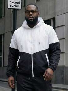 Plus Size Hooded Sports Jacket, Thin Color Block Hooded Sports Coat, Suitable For All Seasons - Black and White - View 7