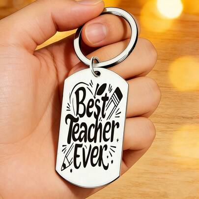 Paslanmaz Çelik "Dünyanın En İyi Öğretmeni" Anahtarlık - Gravürlü Kalem Süsü, Öğretmen Takdir Hediyesi, Okul Dönemi Sonu, Mezuniyet