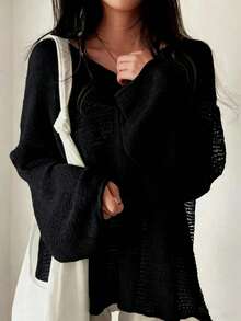 Casual Solid Color Round Neck Long Sleeve Loose Knit Sweater Spring Black - Black - View 5