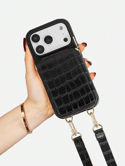 1pc Crocodile Grain Detachable Wallet Phone Case With Card Slots, Adjustable Strap, Large Capacity Storage, Luxury Quilted Faux Leather Cover Compatible With Apple 17/16/15/14/13/12/11 And Galaxy S24/S25 Ultra, Crossbody Pouch For Women