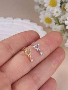 1件/4件装 L型垂坠式锆石鼻钉 – 蝴蝶心形十字鼻环，金银色垂坠式鼻孔穿刺饰品，女士款 - L Shaped Pin - 查看 9