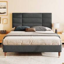Upholstered Double Bed With Slatted Base, 140x200cm, Upholstered Bed Frame With Headboard, In Linen, For Adults And Teenagers (With Mattress) - Grey - View 8