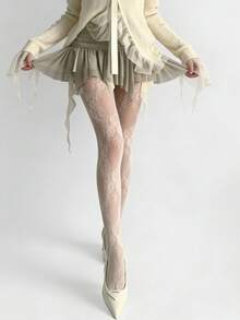 1 Pair Autumn Lace Pantyhose, Jacquard Fishnet Stockings, Suitable For Party & Date Occasions - White - View 9