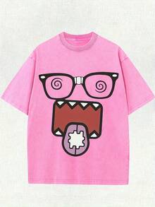 1pc100% Cotton 220g Retro Washed Street Style Men's T-Shirt- Funny Cartoon Character With Black Frame Glasses And Pink Swirl Print, Loose Round Neck Short Sleeve Summer Casual Top, Fun Pattern T-Shirt, Soft Textured Shirt Washed Cotton Men's T-Shirtgraphic Tees Men Summer Outfits - Màu Hồng Tươi - Xem 1