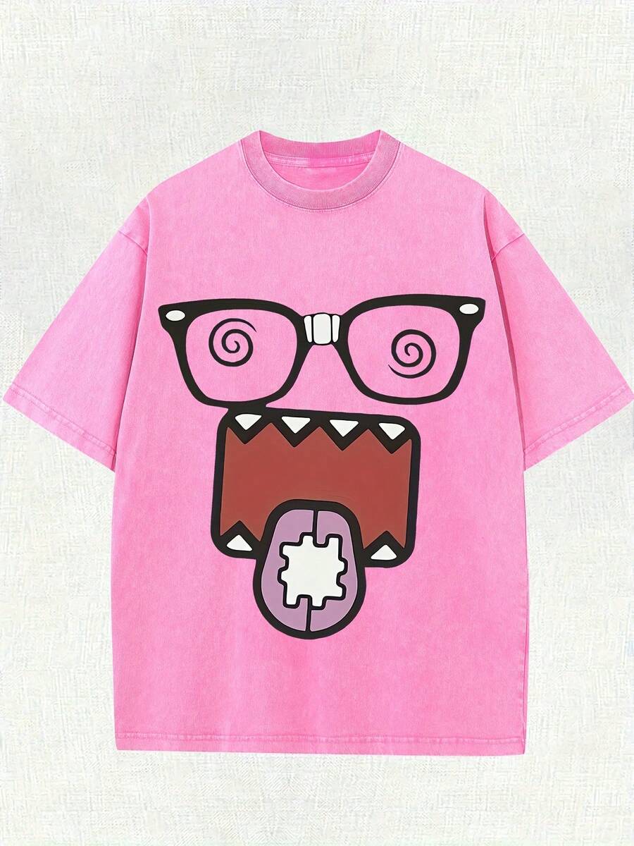 1pc100% Cotton 220g Retro Washed Street Style Men's T-Shirt- Funny Cartoon Character With Black Frame Glasses And Pink Swirl Print, Loose Round Neck Short Sleeve Summer Casual Top, Fun Pattern T-Shirt, Soft Textured Shirt Washed Cotton Men's T-Shirtgraphic Tees Men Summer Outfits - Màu Hồng Tươi - Xem 1