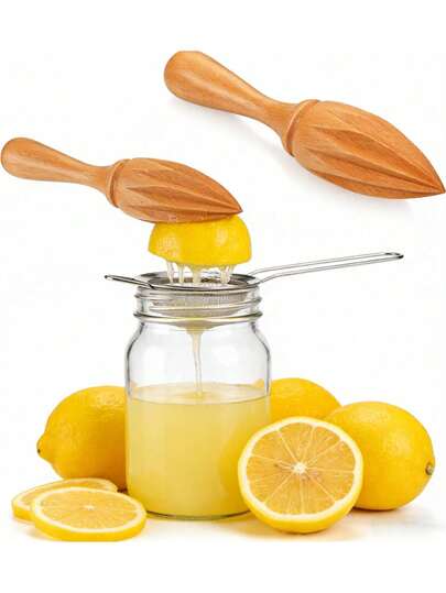 半套 - 木制柑橘榨汁器 + 8厘米不锈钢滤勺，手动榨汁器，适用于葡萄柚、柠檬、橙子，配有易握手柄，适合家庭、酒吧、咖啡馆、餐厅厨房使用。