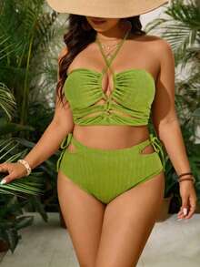 Plus Size Sexy High Elasticity Bandeau Bikini Set, Elegant Ruched Hollow-Out Criss-Cross Swimwear - Green - View 3