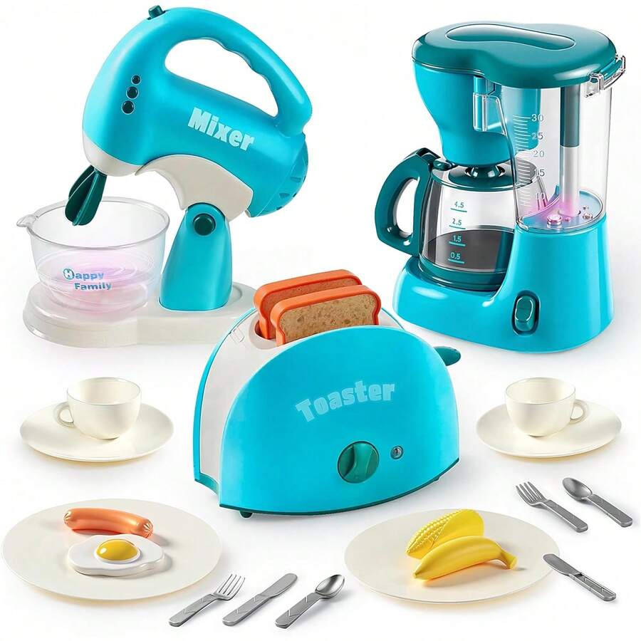 JOYIN Juguetes de Cocina , Trajes de Juguete eléctricos de Cocina, cafeteras, mezcladoras, tostadoras con Luces y Sonidos realistas, Regalos de cumpleaños para niños de 3-4 a 5 años - Azul - Ver 1