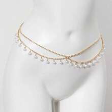 1pc French Style Faux Pearl Elegant Tassel Pendant Waist Chain For Women - Double-layer-gold - View 8