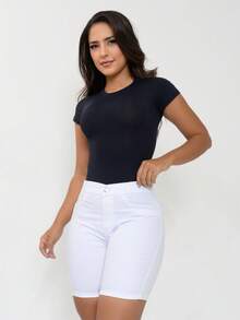 Women's White High-Waisted Mid-Thigh Shorts,  Casual Denim Clothing For Everyday Wear - BRANCO - 查看 2