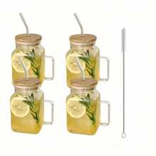 4 Pcs Drinking Glasses With Bamboo Lids And Glass Straw - 20 Oz Can Shaped Glass Cups Beer Glasses Ice Coffee Glasses Cute Tumbler Cup Great For Soda Boba Tea Cocktail Include With 1 Cleaning Brush - 透明 - 查看 2