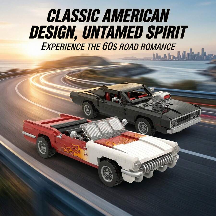 915pcs Muscle Car Building Blocks, Flame Convertible Sports Car Model, Assembly Toy, Adult Collectible Desktop Decor Gift, Vintage Flame Convertible Car Bricks | Recreate American Classic, Mechanical Supercharged Muscle Car Bricks 943pcs Movie-Themed Sports Car Model, Openable Doors Collectible Decor, Non-Electric - Multicolor - View 1