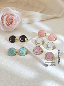 INS New Waterproof Stainless Steel Moon & Face Enamel Earrings, Fashion Multicolor Stainless Steel Jewelry Gold Earring Set, Enamel Earrings, Minimalist Round Earrings Suitable For Women, Black, Green, Red & White Earrings, Retro Summer Beach Bikini Accessories, Wedding Dress Accessories - Multifunctional Jewelry Suitable For Swimming, Bathing, Workout, Ideal For Valentine's Day, Birthday, Mother's Day, Holiday Surprise Gift - Gold - View 8