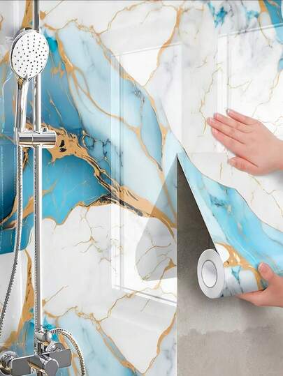 1 Roll Thick Glossy Marble Self-Adhesive Wallpaper, Waterproof, Oil-Resistant, Wear-Resistant, Removable And Reusable, Suitable For Kitchen, Bedroom, Living Room, Bathroom, Home Decor, Furniture Decoration, PVC Wallpaper Roll