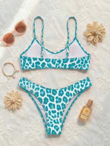 Conjunto de bikini con estampado de leopardo, cuello en V y correas ajustables, estilo bohemio para la playa, vacaciones, citas, fiestas, uso casual y elegante - Multicolor - Ver 3
