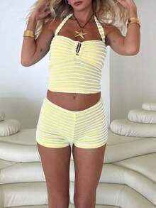 2pcs Knit Stripes Colorblock Resin Decor Hollow Neck Top & Shorts Beachwear Set Summer - Yellow - View 4