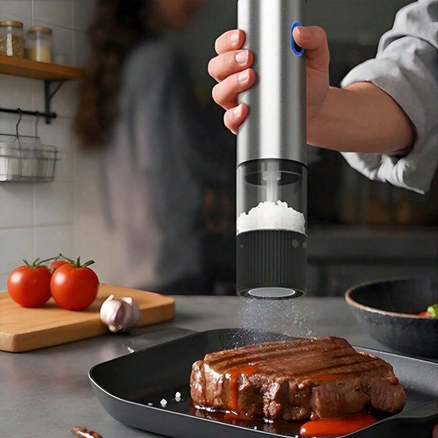 Rechargeable Pepper Salt Grinder, One-Handed Automatic Pepper Mill, Spice Grinder, USB Rechargeable, 5 Adjustable Coarseness, One-Handed Operation, Ceramic Grinding, Refillable, Stainless Steel Housing, Suitable For Black Pepper, White Pepper, Sea Salt, Chili Pepper, Sesame, Cumin And Other Spices Kitchen Accessory - màu đen - Xem 1