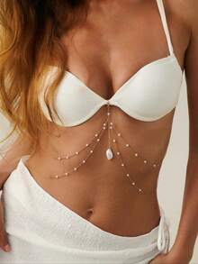 Geometric Chain Faux Pearl Fringe Pendant Bikini Necklace, Luxurious Party Jewelry, Unisex Multifunctional Body Chain, Street Style, Pearl Waist Beads - 金色 - 查看 1