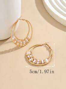 1 Pair Bohemian Style Metal Beaded Hoop Earrings, Geometric Circle Earrings For Women, Elegant Accessory For Holiday, Beach - Gold - View 11