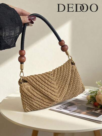 Dedoo Spring And Summer French-Style Envelope Clutch, Thick Cotton And Linen Woven Underarm Bag With V-Shaped Twill Texture. Equipped With A Short Shoulder Strap, It Can Be Worn On One Shoulder Or Under The Arm. Adorned With Reddish-Brown Wooden Beads For An Exquisite Retro Vibe, It Features A Flap Design. Ideal For Short Trips, Carrying Mobile Phones, And Casual Outings.