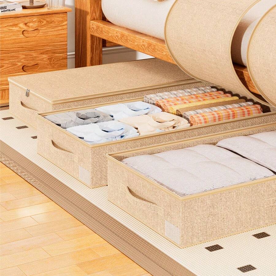1pc/2pcs/3pcs Minimalist Breathable Clothes Storage Bin With Premium Faux Linen Texture, Dustproof Wardrobe Organizer Bag With Visual Laber And Sturdy Zipper, Underbed Space Saving Box For Bedroom Sweaters And Blankets - View 1