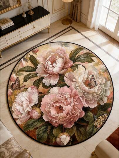 1pc Romantic Peony & Butterfly Round Rug, Home Decor. Tranquil And Elegant Atmosphere, Suitable For Living Room, Bedroom, As Mother's Day Or Anniversary Gift. Rabbit Festival Style Round Carpet, Home Decoration