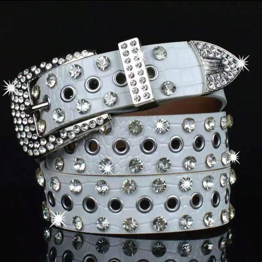 1pc Women's White Rhinestone PU Leather Belt, Punk Y2K Style Full Rhinestone Decor Multi-Eyelet Belt, Western Shiny Belt, Suitable For Jeans, Dresses And Party Outfits - White - View 1